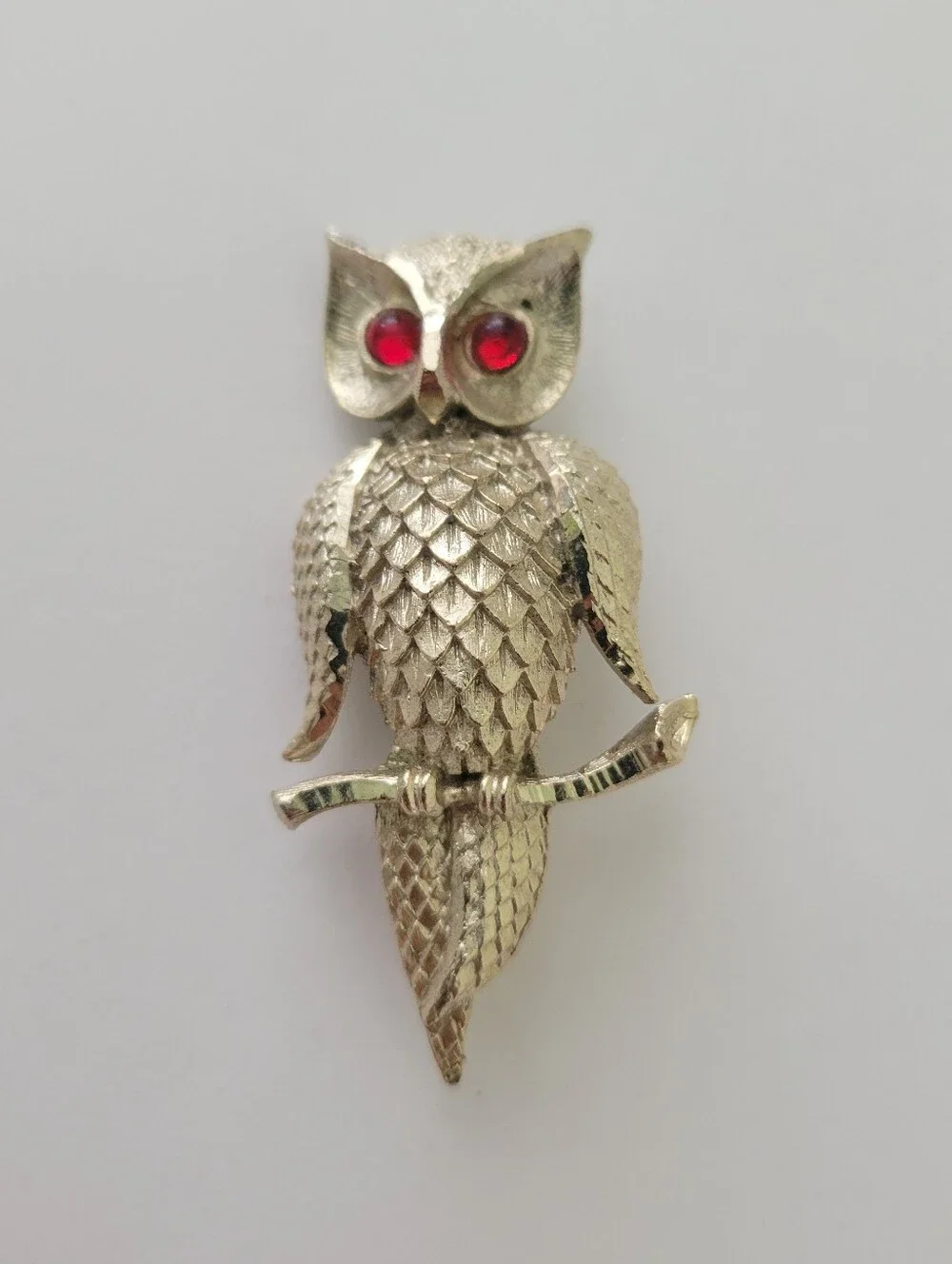 Vintage Signed BSK Gold-tone Owl Brooch W/ Red Glass Eyes